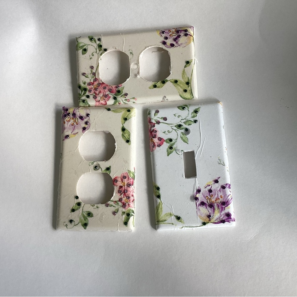 Hand Crafted Floral Light Switch Covers - Cream and Purple